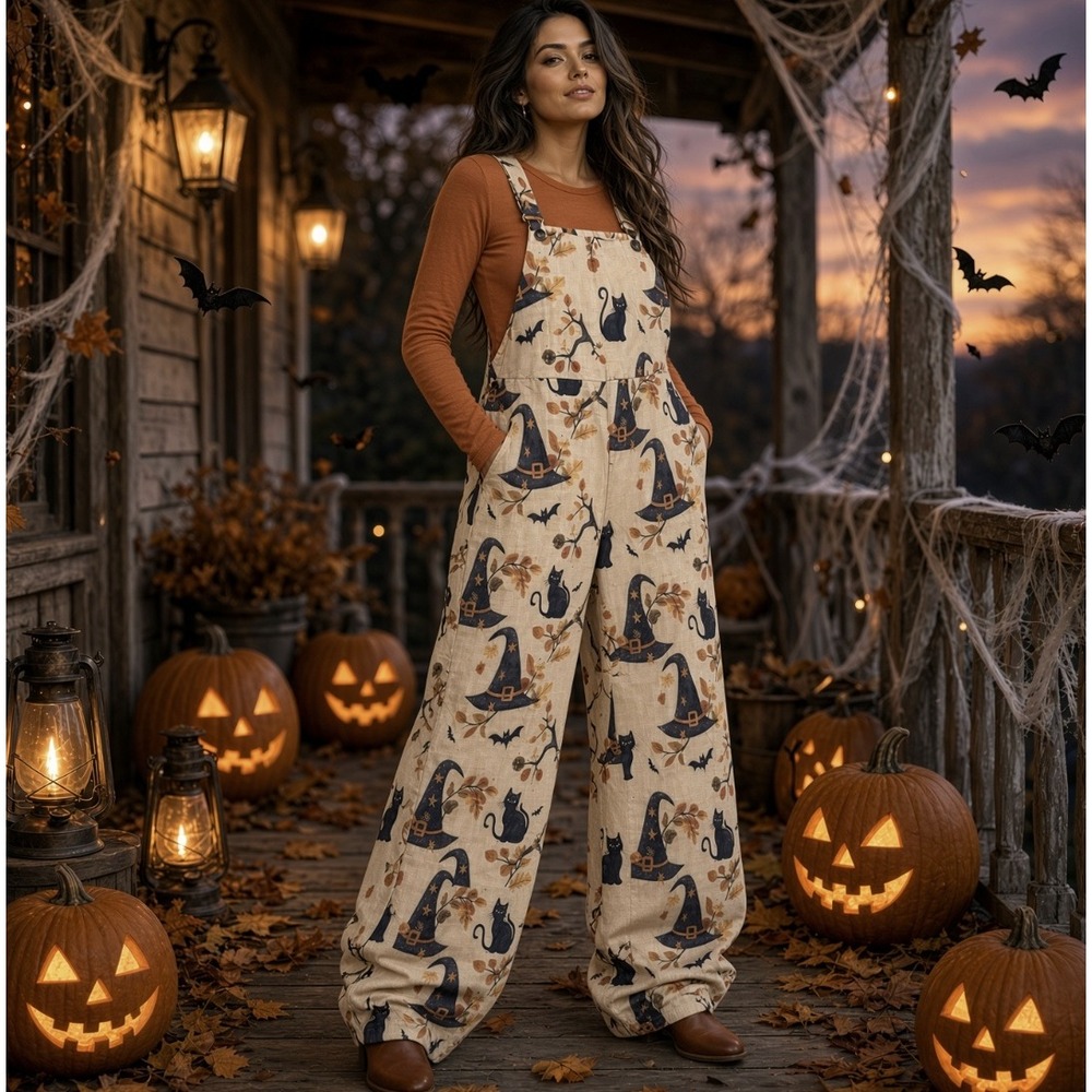 Halloween Black Cat Witch Hat Wide Leg Overalls Orange Spooky Fall Dungarees NEW